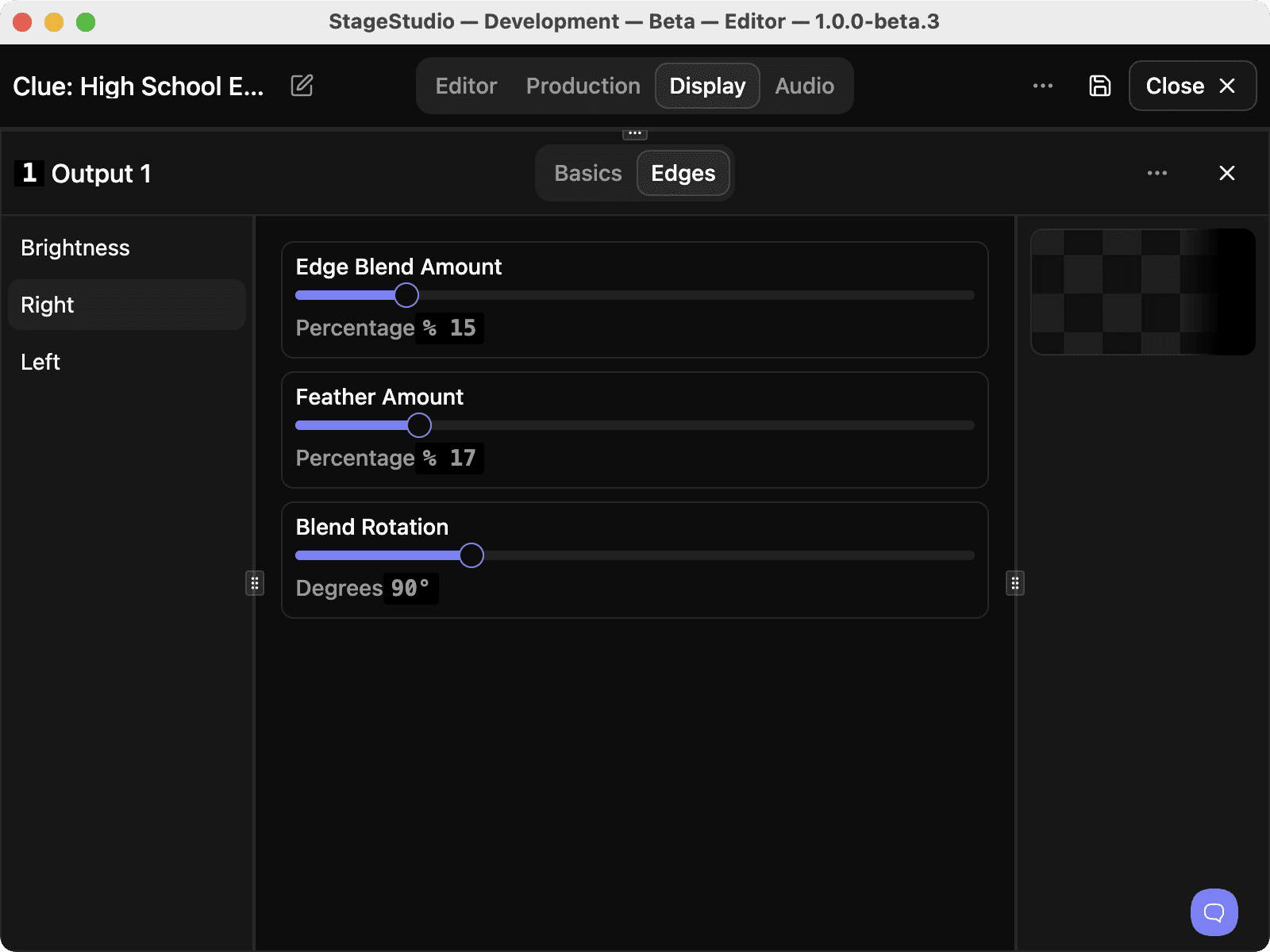 Edge blend settings for a projector output in StageStudio: blend amount, feather amount, and blend rotation