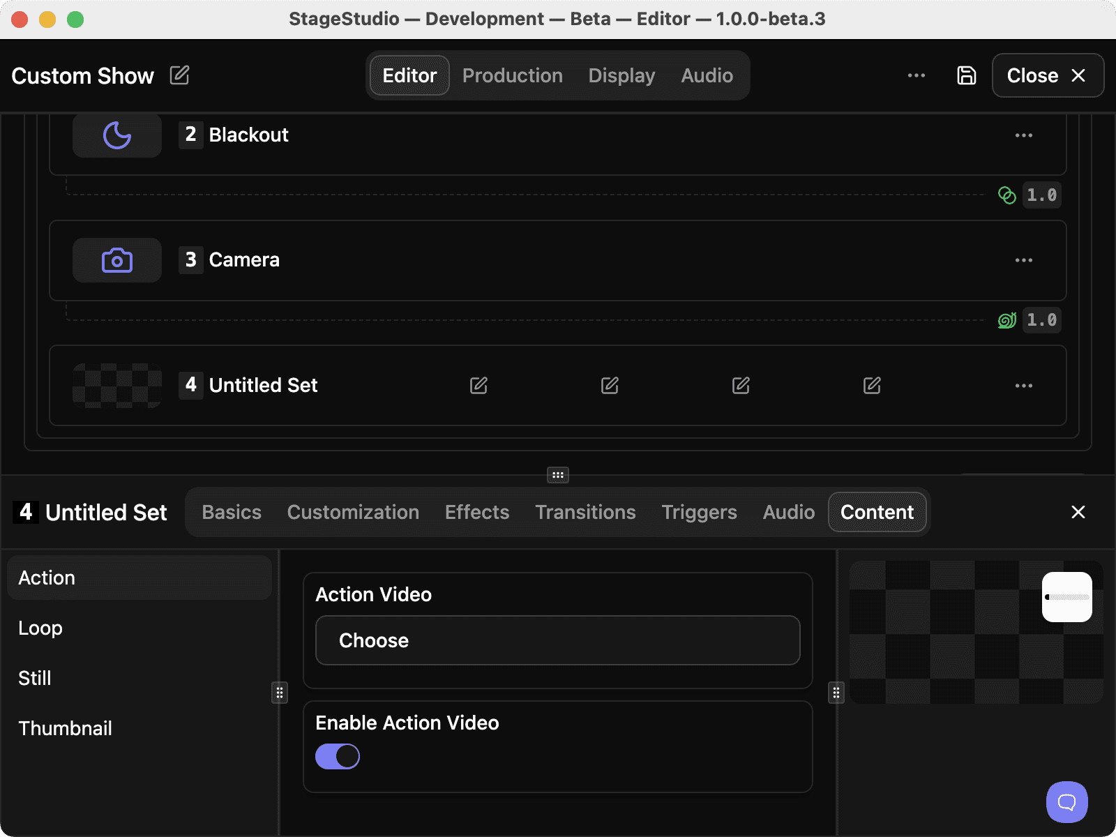 Building a custom show in StageStudio: a new set's content panel, choosing its action video