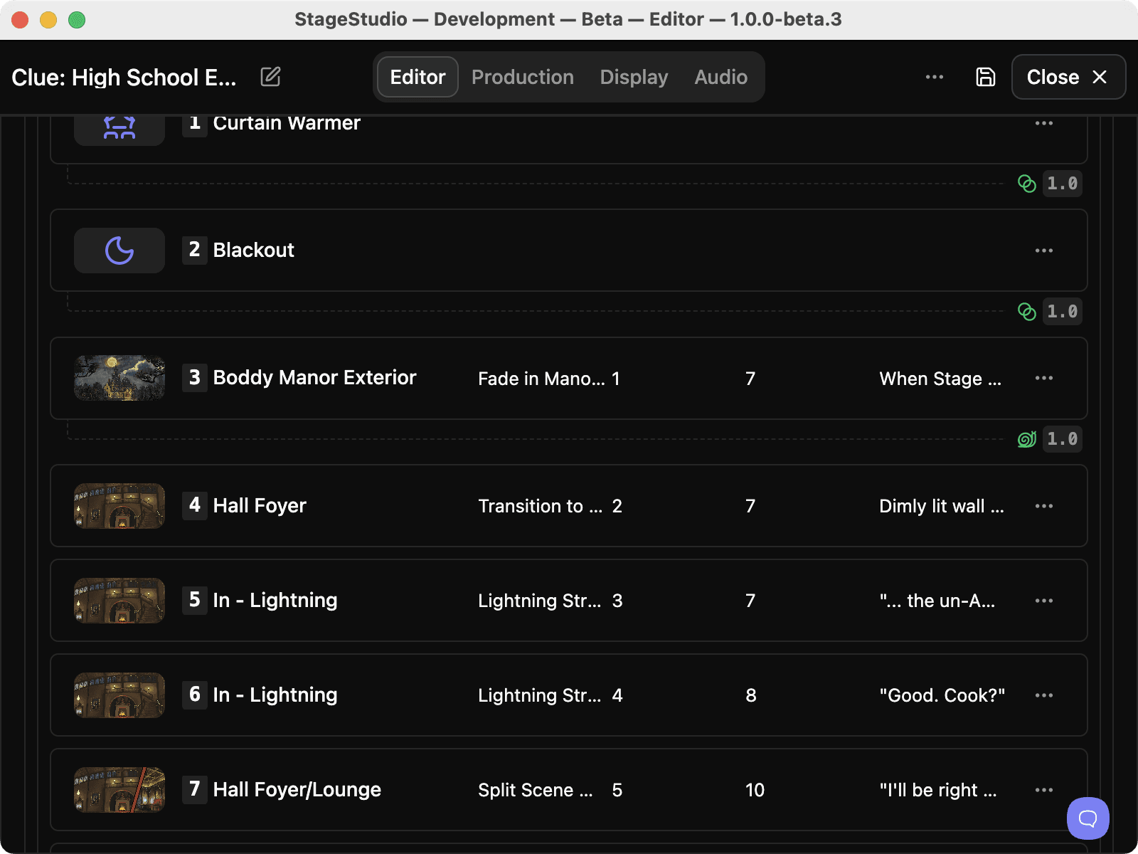 A StageStudio cue list with a curtain warmer, blackout, and scenery cues, each with a description, cue number, and cue line