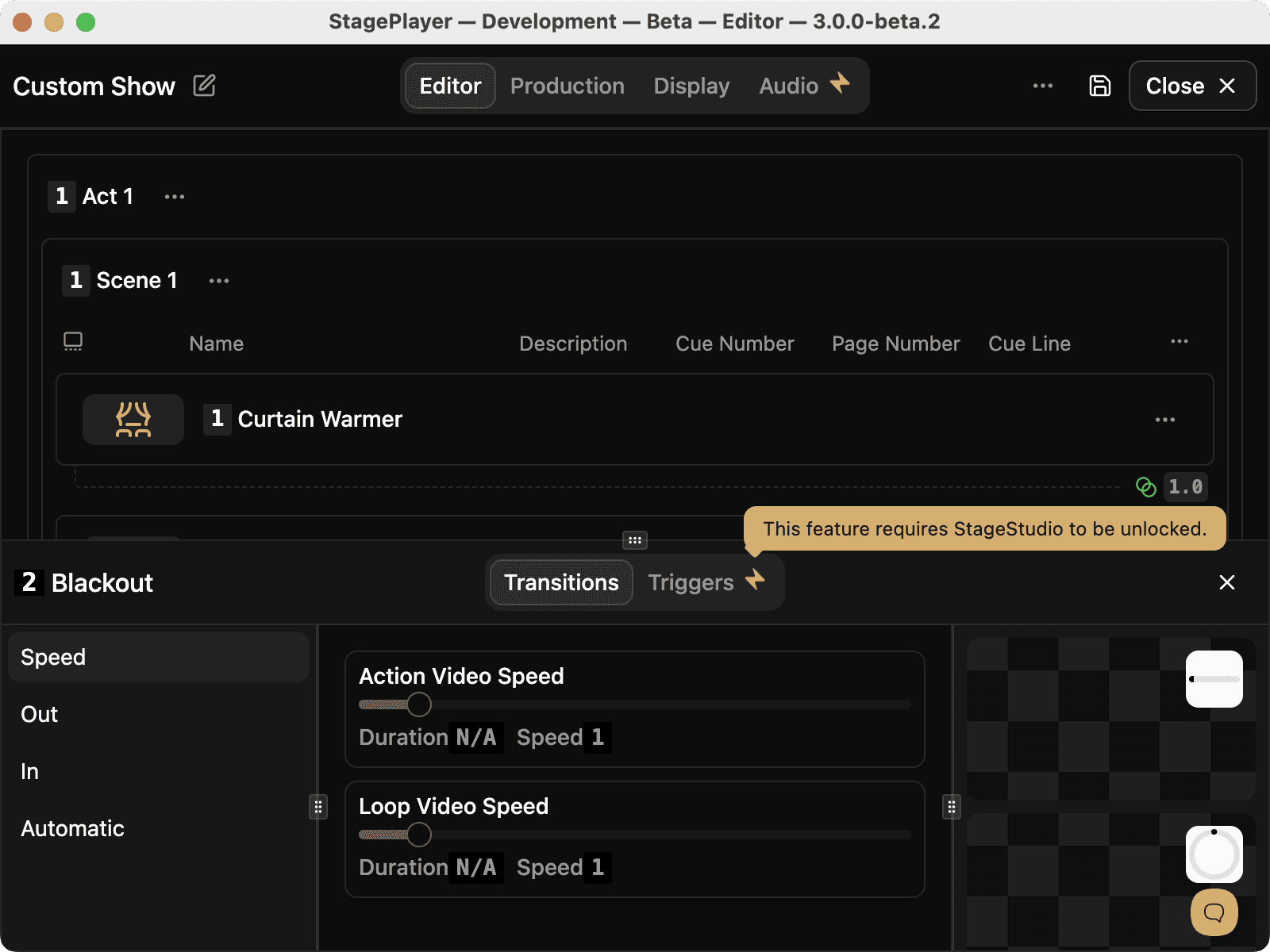 StagePlayer 3.0 editing a custom show, with StageStudio features marked as requiring StageStudio to be unlocked