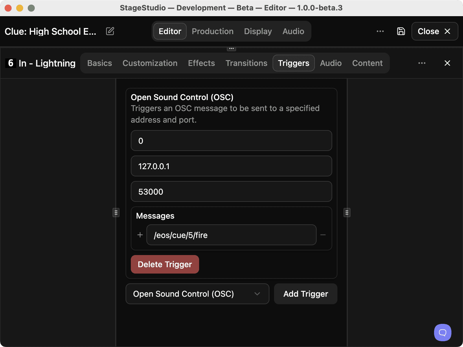 An Open Sound Control trigger on a StageStudio cue, sending a message to fire a lighting console cue