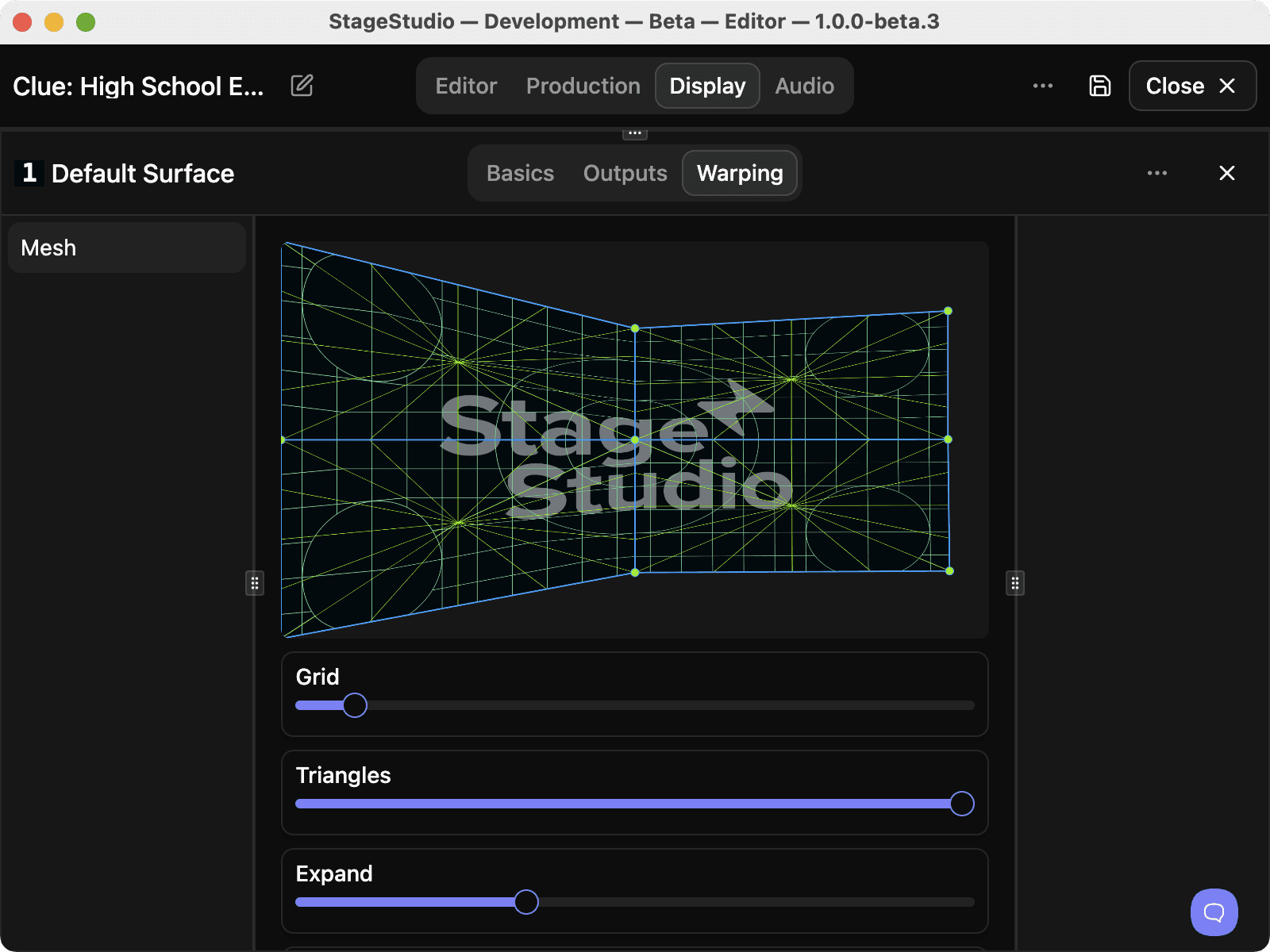 Warping a projection surface in StageStudio: a mesh pulled into shape, with grid, triangle, and expand sliders